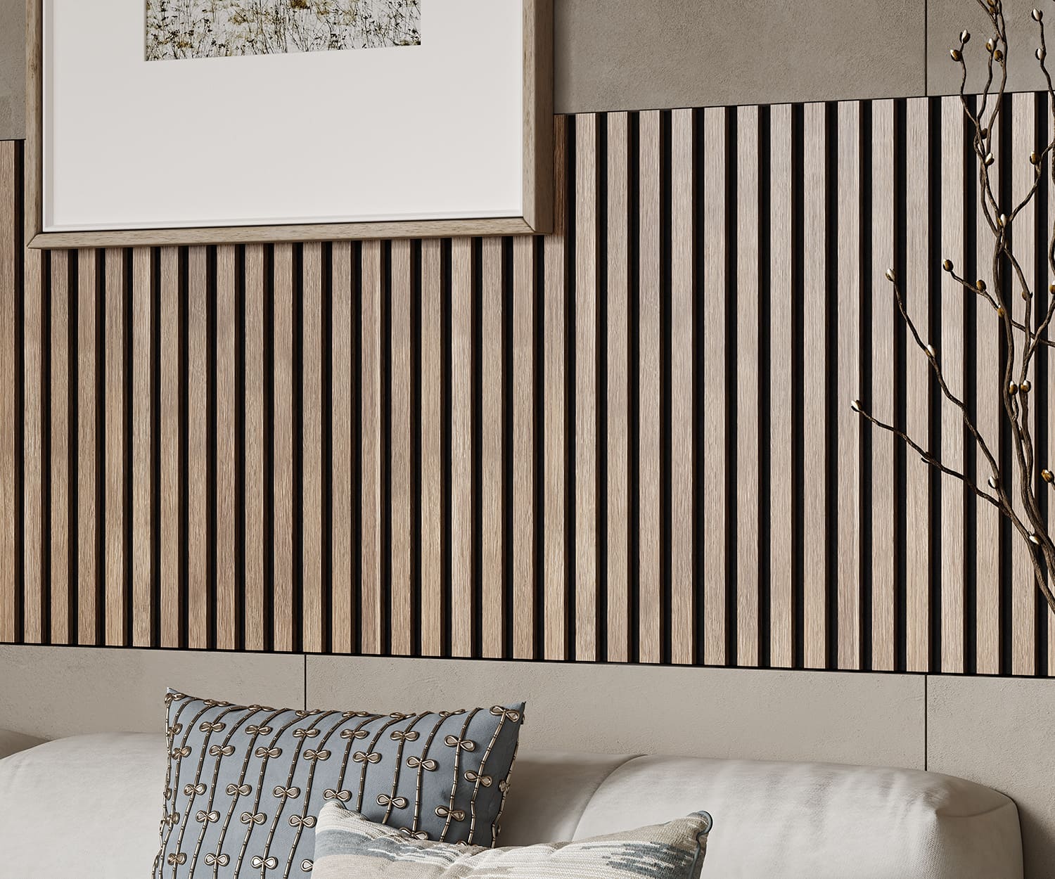 МДФ стеновая панель акустическая Cosca Decor Сканди Ясень Тирамису черный войлок 600×600×19 фото в интерьере